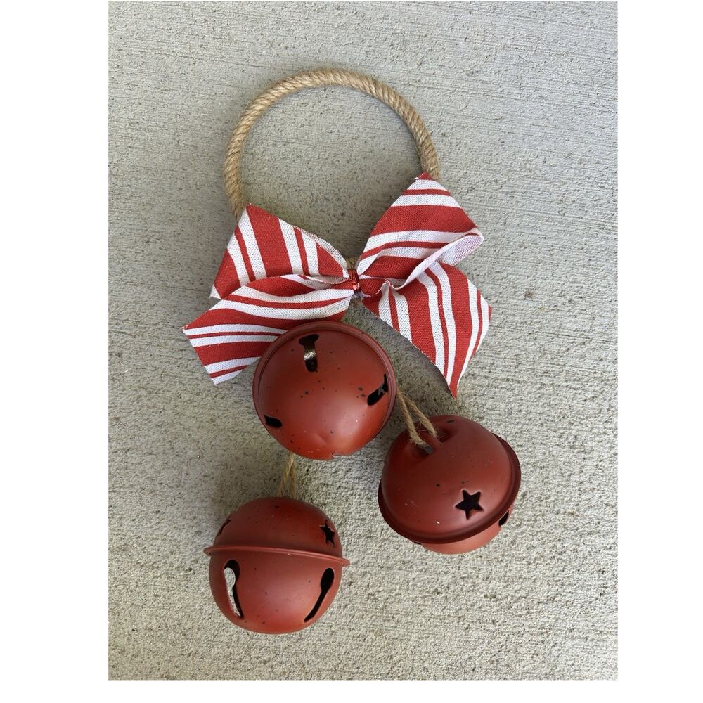 Metal Christmas Jingle Bell Ornament Red w/ Jute Rope Loop & Striped Bow